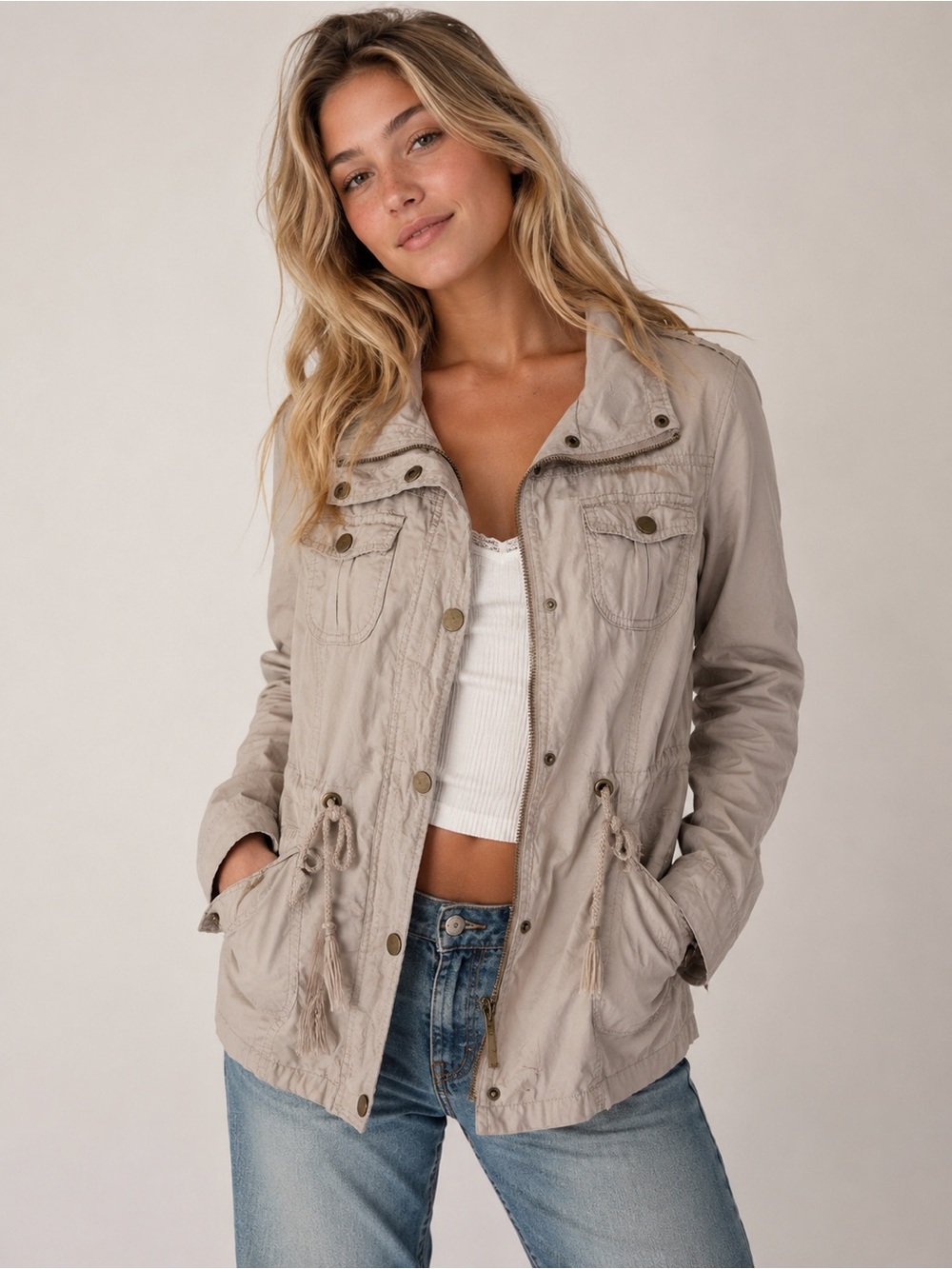 Royalty For Me Beige Utility Jacket S Military Cargo Cinch Waist Field Coat